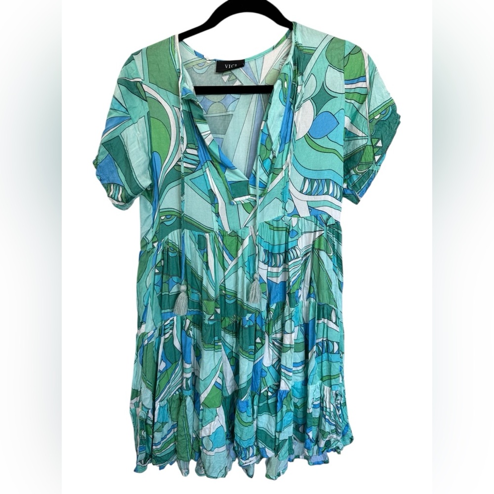 VICI Teal and Aqua Abstract Dres